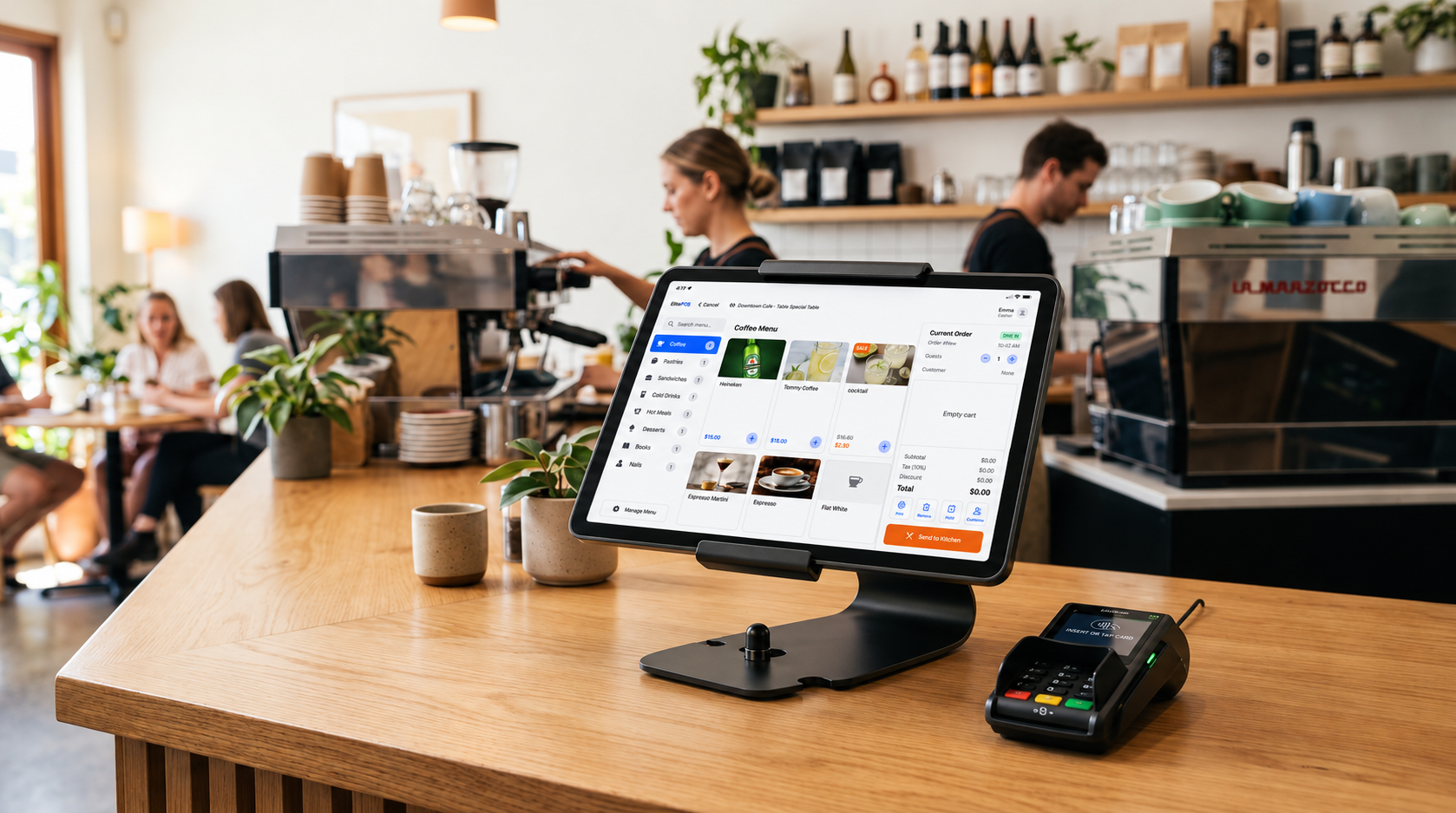 ElitePOS Dual Screen Touchscreen Terminal on Cafe Counter
